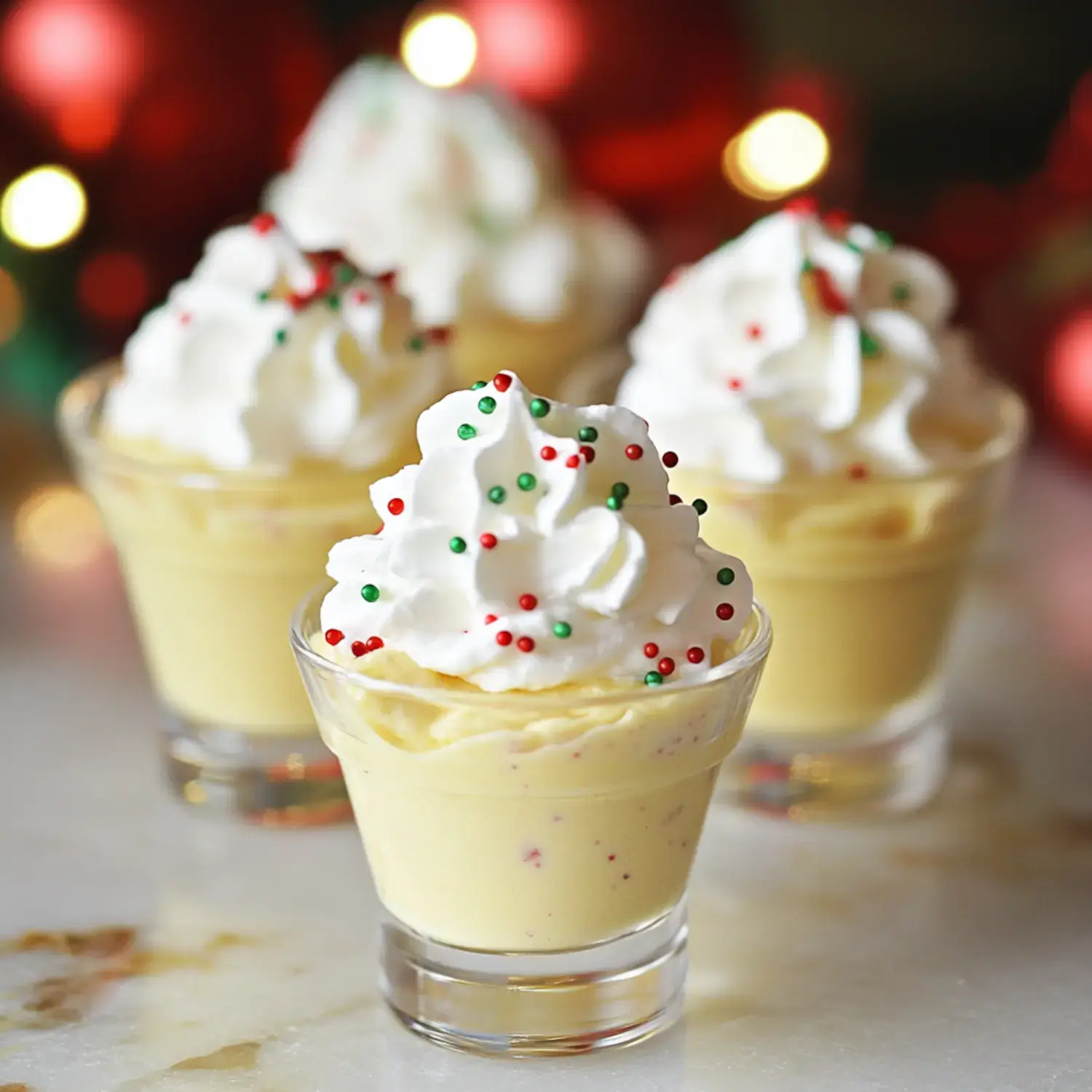 Yellow pudding dessert cups with whipped topping and colorful holiday sprinkles.