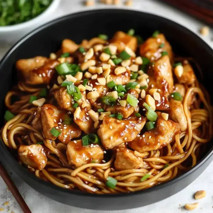 Black bowl filled with saucy noodles, tender chicken pieces, green onions, crushed peanuts, and sesame seeds.