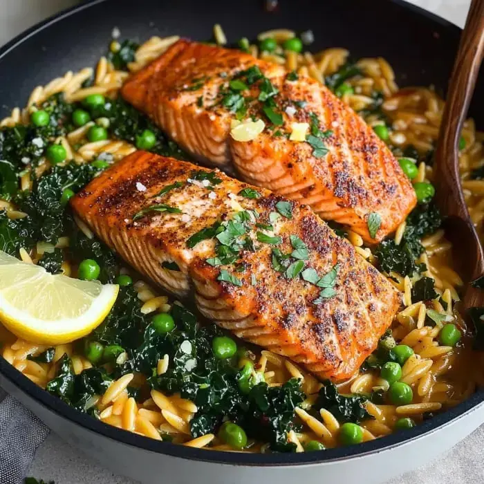 A skillet of creamy orzo with kale, peas, and grilled salmon, garnished with fresh herbs, lemon wedges.