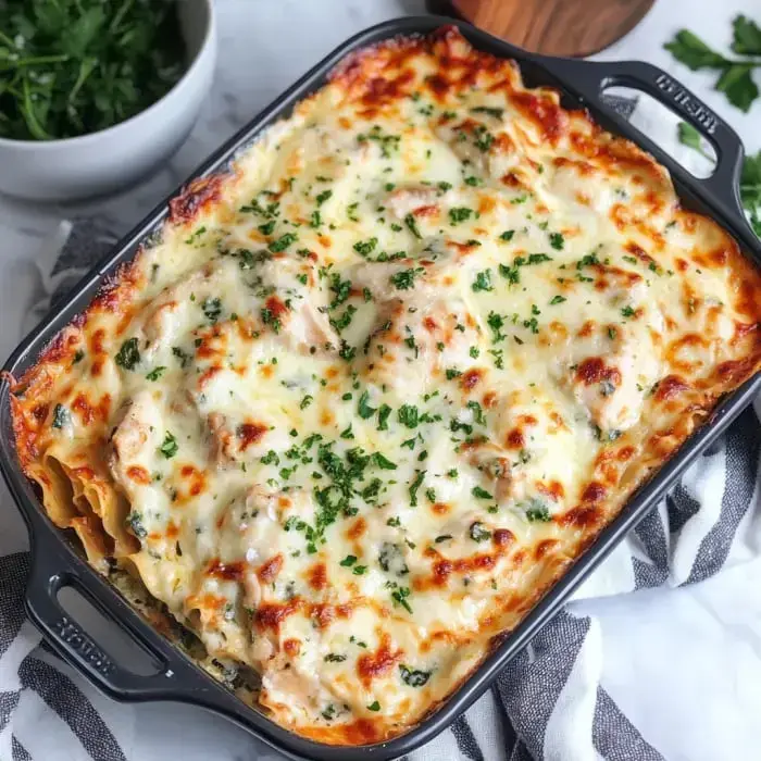 Golden lasagna sprinkled with parsley in a black dish, ready to serve.