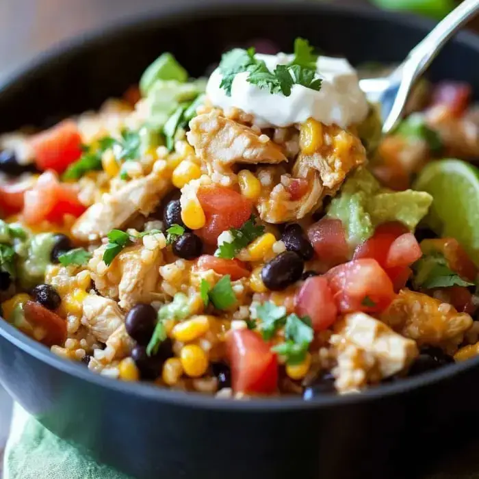 A bowl packed with chicken, beans, rice, avocado, cheese, and a dollop of sour cream topped with fresh cilantro.