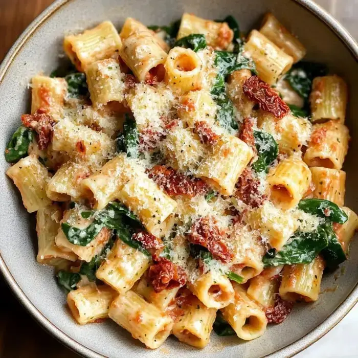 A delicious plate of rigatoni pasta with sun-dried tomatoes, spinach, and cheese shavings on top.