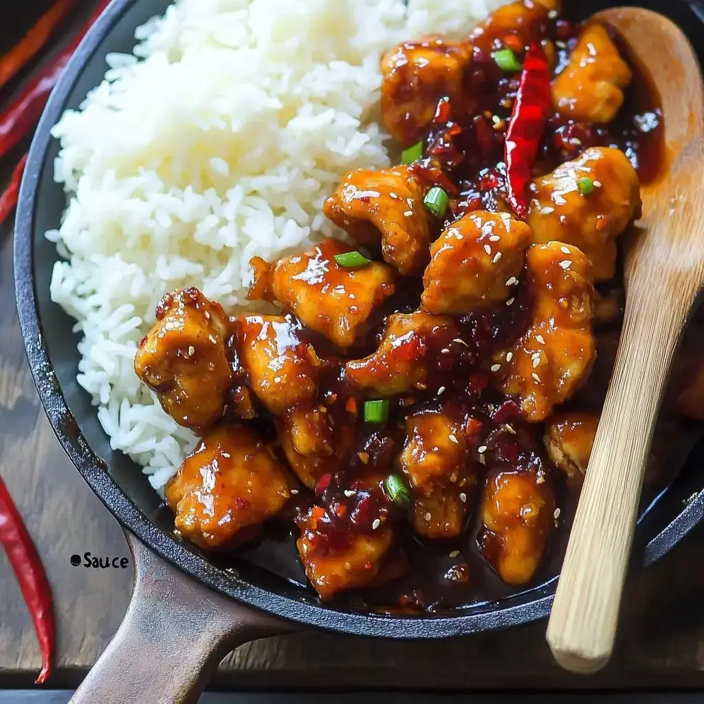 A bowl filled with crispy chicken in a shiny, dark sauce, served with rice and garnished with green onions and red chilies.