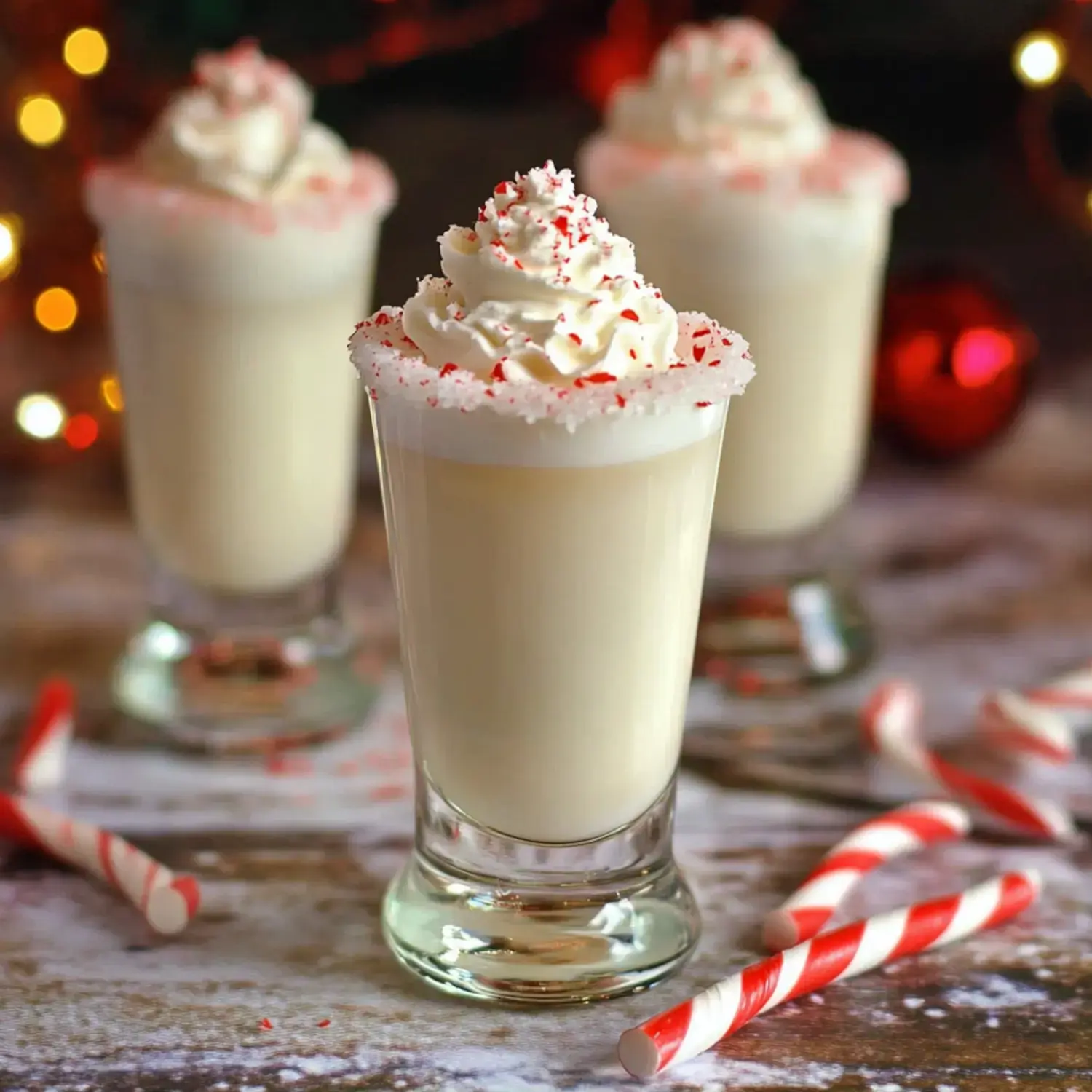 Three elegant glasses filled with creamy holiday beverages, topped with creamy whip and red candy bits, with candy canes and festive decor around.