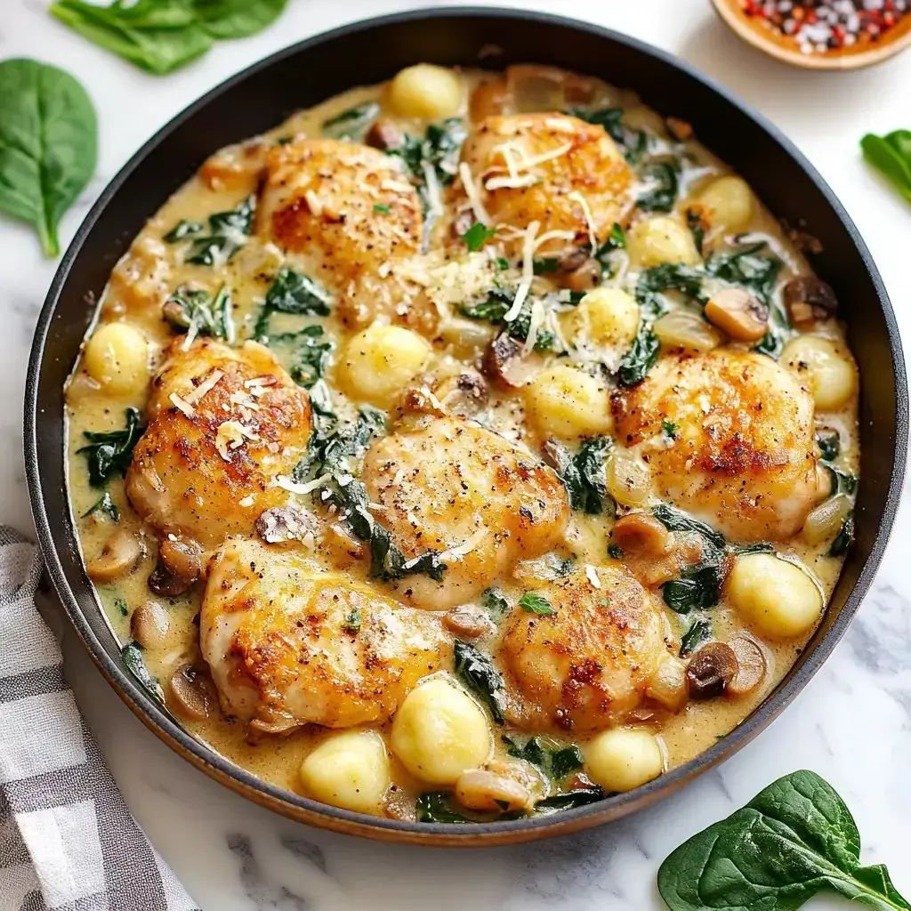 A steaming pan of chicken, gnocchi, spinach, mushrooms, and creamy sauce sprinkled with cheese.