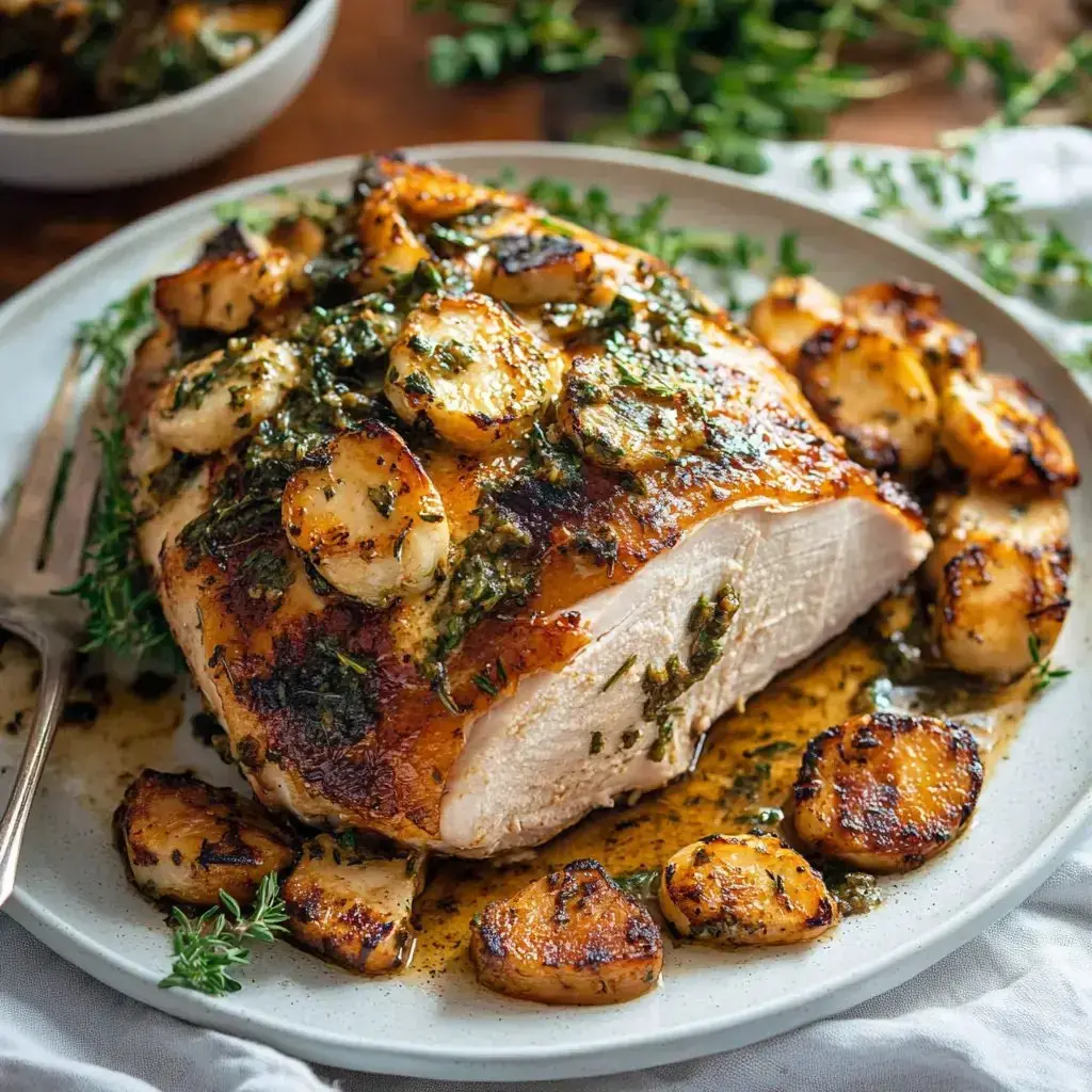 Golden roast turkey breast and herb garnish standing beside crispy potato slices on a clean white plate.