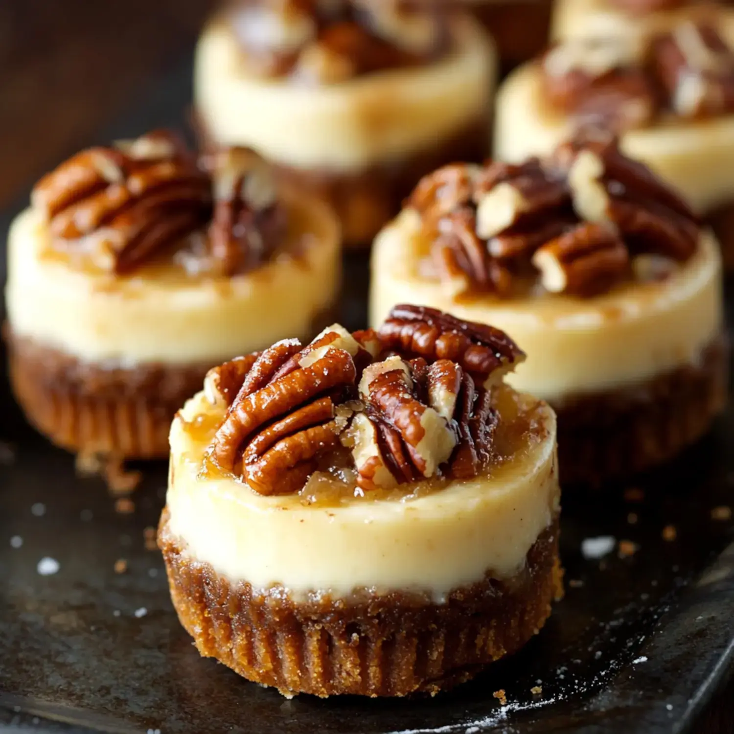 Mini cheesecakes topped with glossy caramel and pecans on a dark plate.