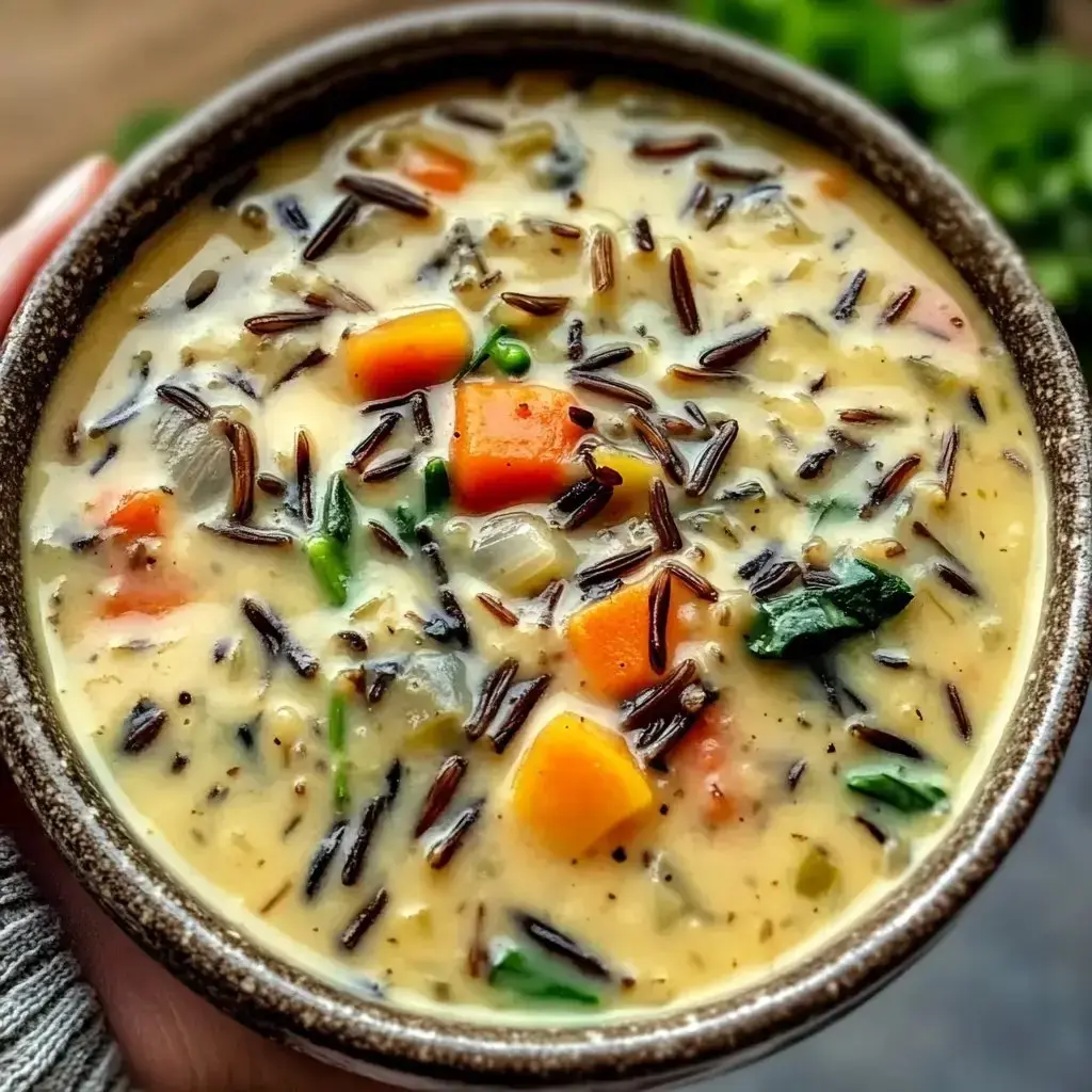 A bowl of creamy soup brimming with wild rice, bright vegetables, and fresh herbs.