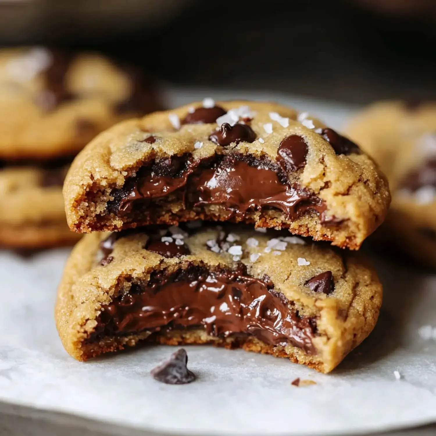 Fresh chocolate chip cookies with gooey Nutella centers, sprinkled with flaky sea salt for extra flavor.