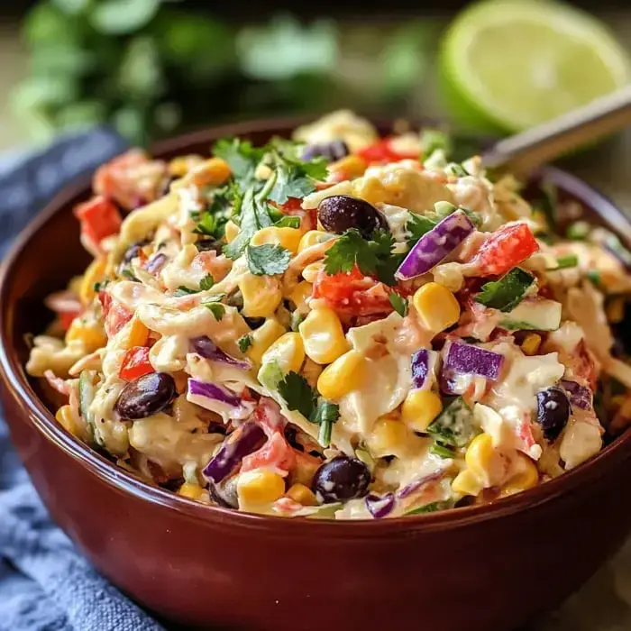 A vibrant salad with cabbage, black beans, corn, red vegetables, and a lime garnish in a wooden bowl.