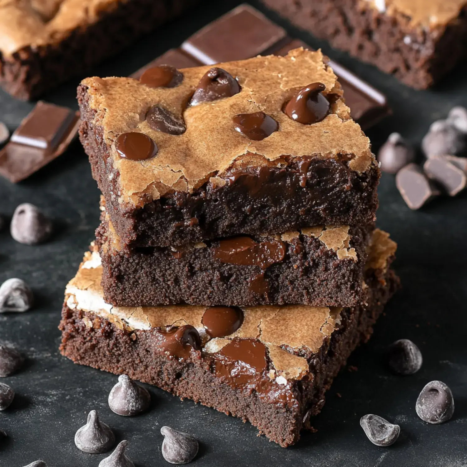 A pile of soft brownie cookie bars topped with chocolate chips, surrounded by bits of chocolate chunks.