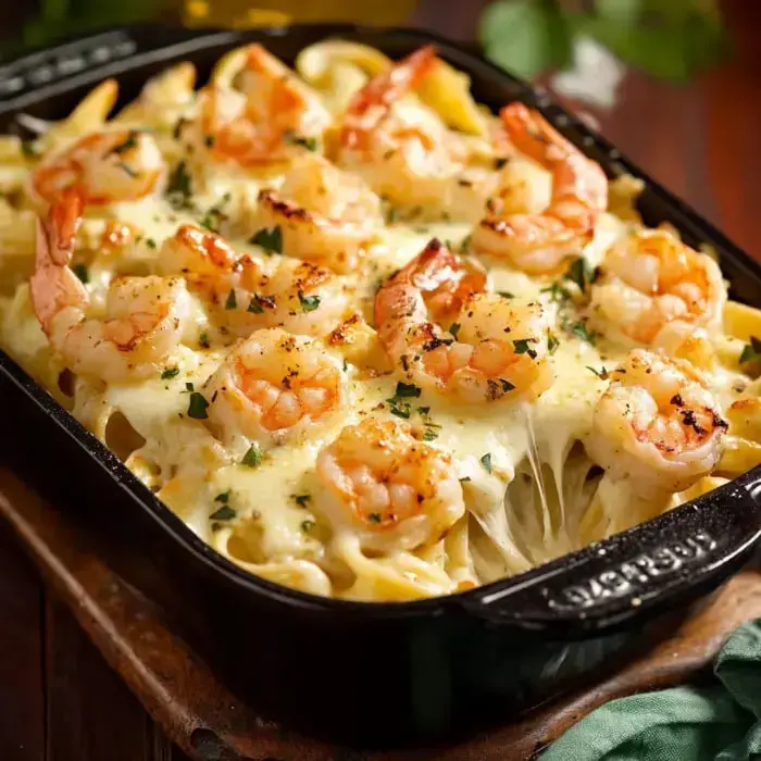 Shrimp alfredo pasta dish with melty cheese in a black baking dish.