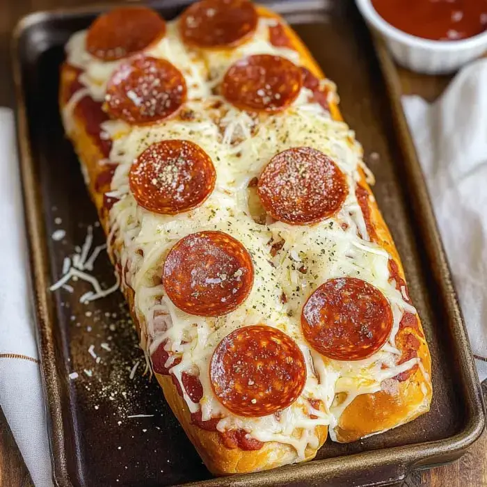 Crusty bread topped with melty cheese, pepperoni slices, and marinara sauce, resting on a baking tray.