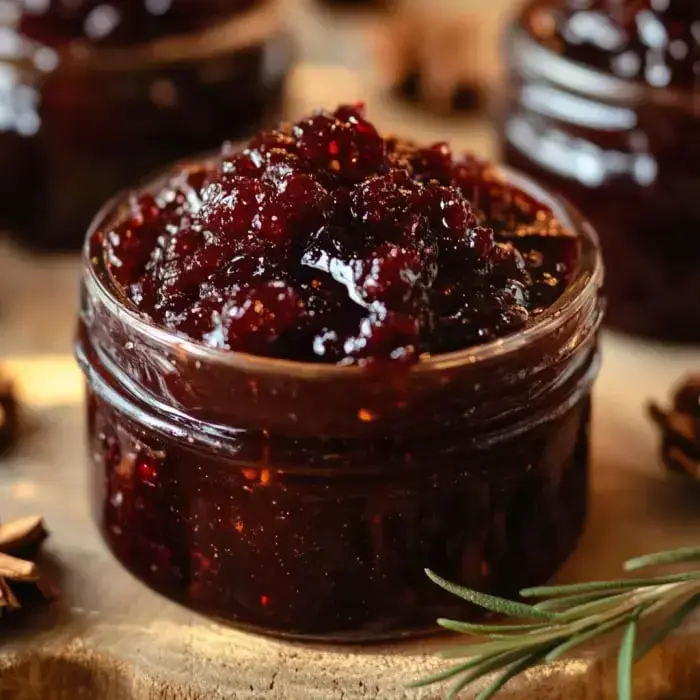 A jar of cranberry jam with pine cones and holiday greenery nearby.