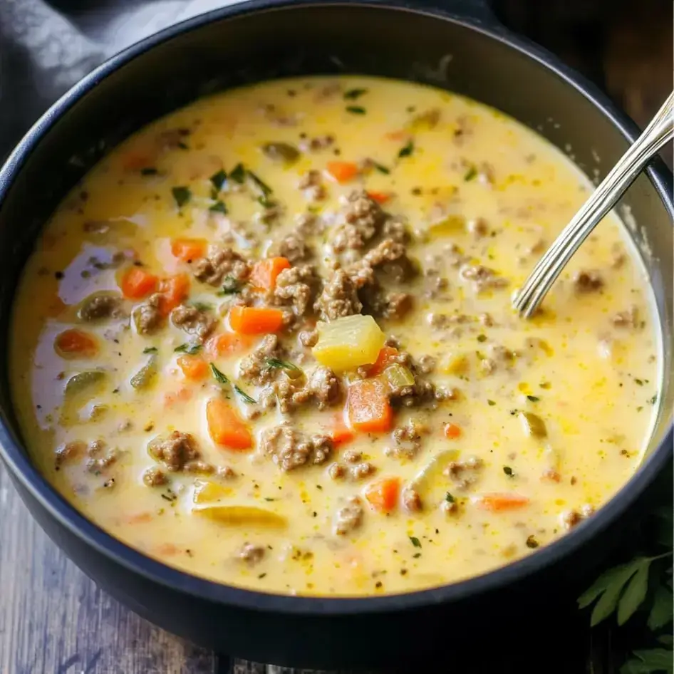 A bowl of rich, creamy soup with ground beef, colorful veggies, and herbs on top.