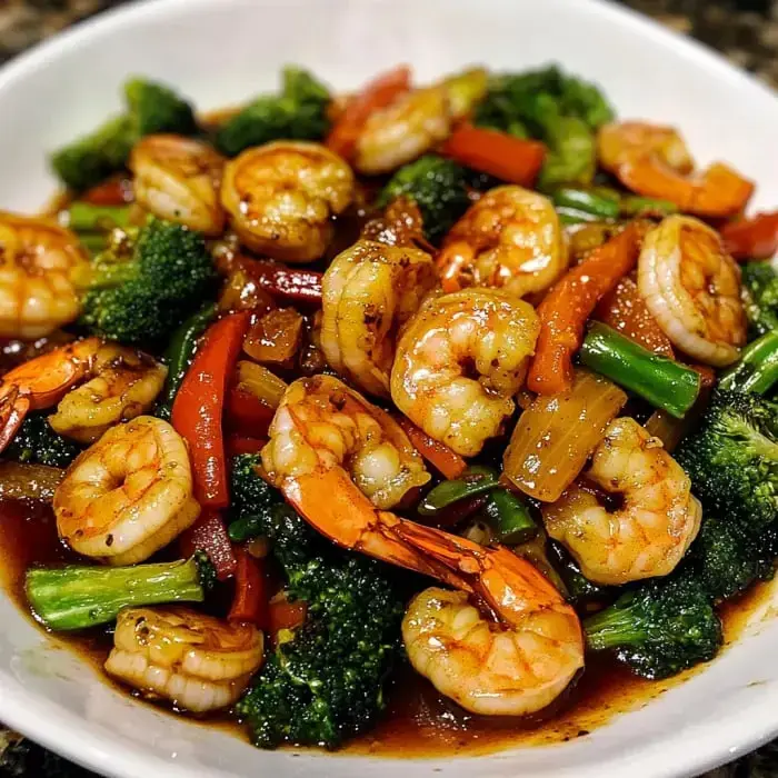 Stir-fried shrimp with bright vegetables in a flavorful sauce, served in a bowl.