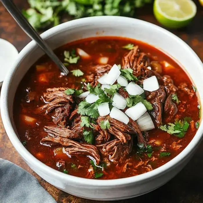 Shredded beef in red broth, topped with cilantro and onions.