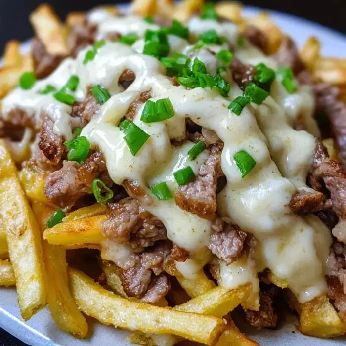 Golden fries piled with tender beef slices, drizzled in homemade cheese sauce, and decorated with chopped green onions.