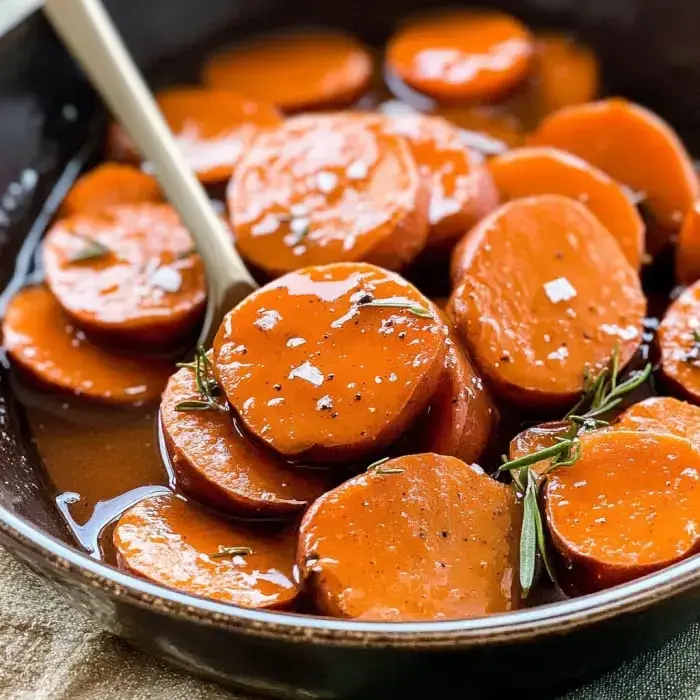 Sweet potato slices coated in a caramel-like sauce and sprinkled with fresh herbs inside a dark dish.