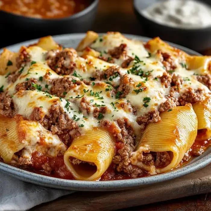 Jumbo pasta shells stuffed with seasoned beef and creamy cheese, baked with marinara and topped with fresh parsley.
