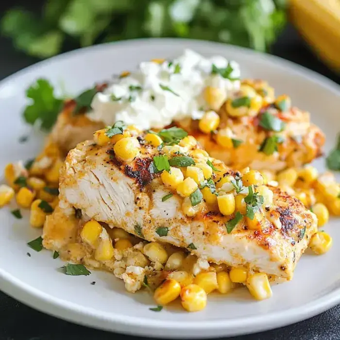 Grilled chicken topped with corn, fresh cilantro, and dollop of sour cream.
