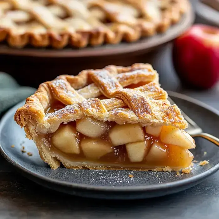 Golden lattice apple pie slice on a dark plate with caramel-soaked apple chunks inside and a whole apple in the backdrop.