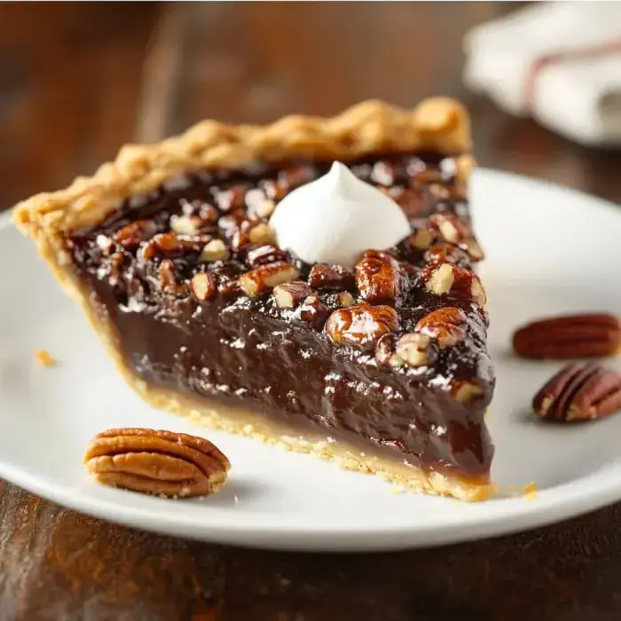 A rich slice of chocolate-filled pecan pie with whipped cream on top, served on a white plate beside pecans.
