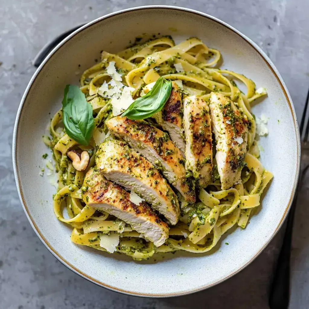 A plate of pasta with grilled chicken slices, pesto, fresh basil leaves, and grated cheese.