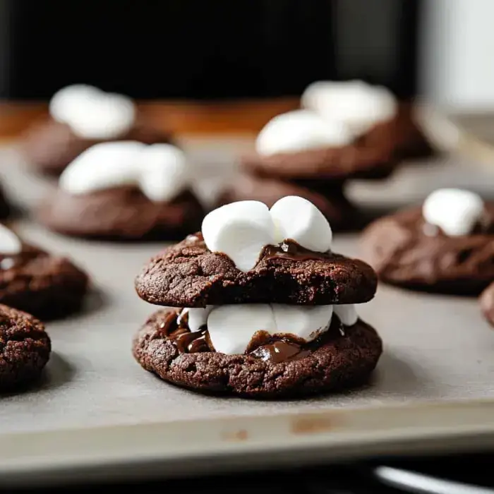 Close-up of chocolate cookies with marshmallows melting into gooey centers, all arranged on a tray.