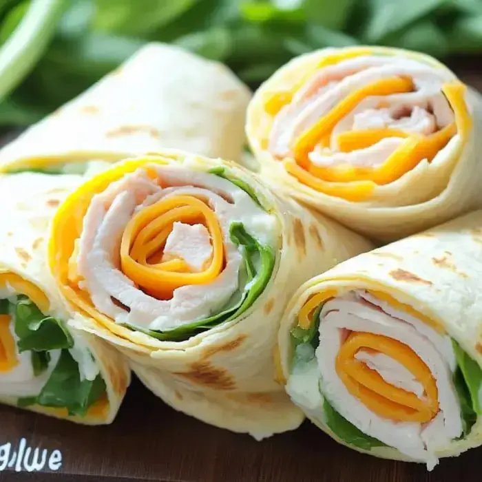 Three tortilla rolls packed with turkey, cheese, and greens on wood.