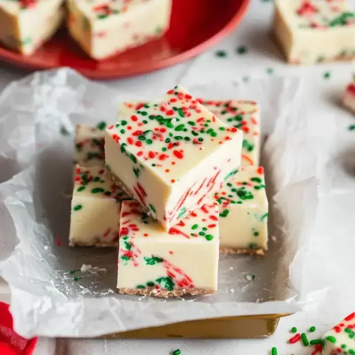 Bright white fudge squares sprinkled with red and green on a shiny gold plate.
