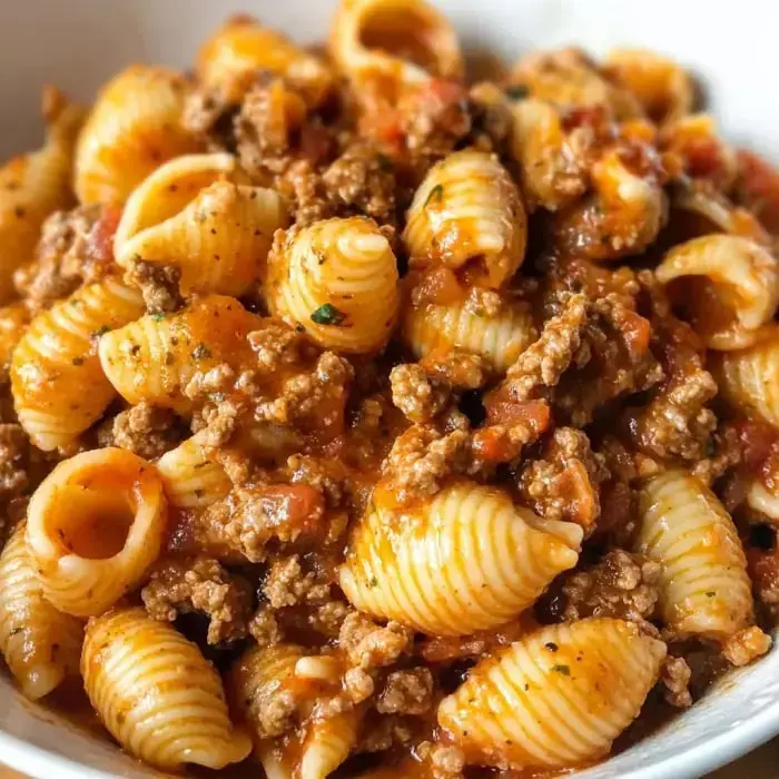 Close-up of seasoned beef and shell pasta in creamy tomato sauce in a bowl.