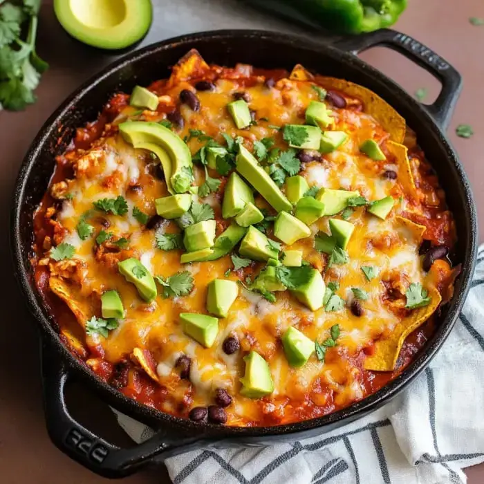 A skillet loaded with nachos, black beans, diced avocado, and fresh cilantro.