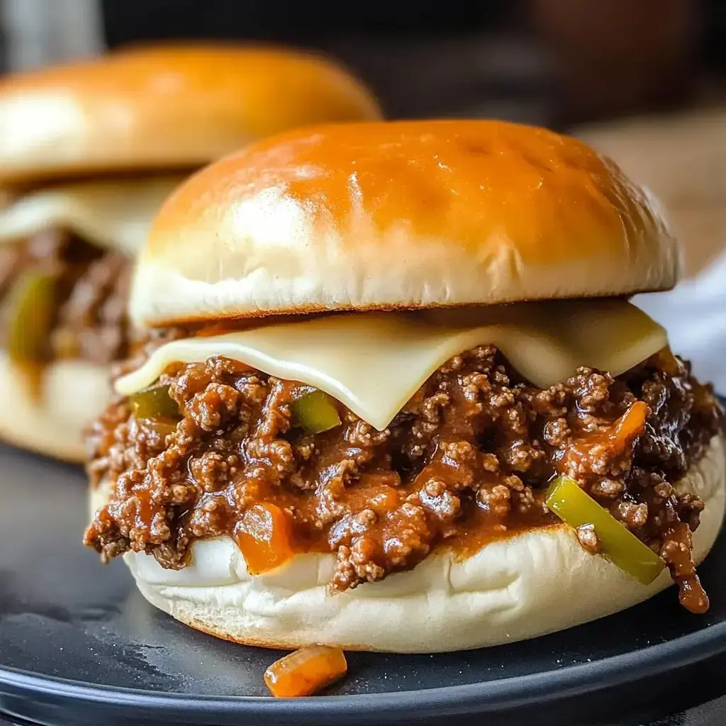 Close-up of two cheesesteak-style sloppy joes with melted cheese and peppers on soft bread.