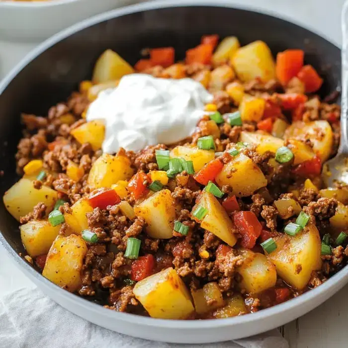 A skillet with crispy diced potatoes, seasoned beef, vegetables, sour cream, and green onion garnish.