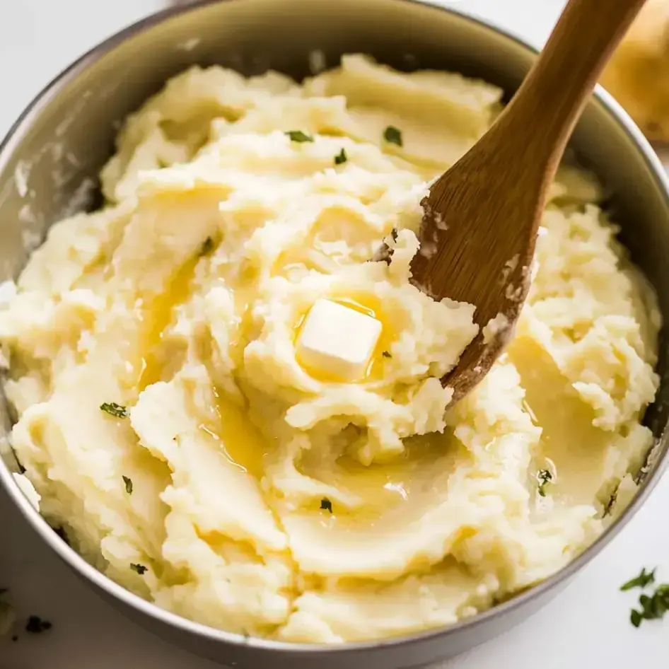 A serving of buttery mashed potatoes topped with melted butter and fresh herbs, stirred smooth.