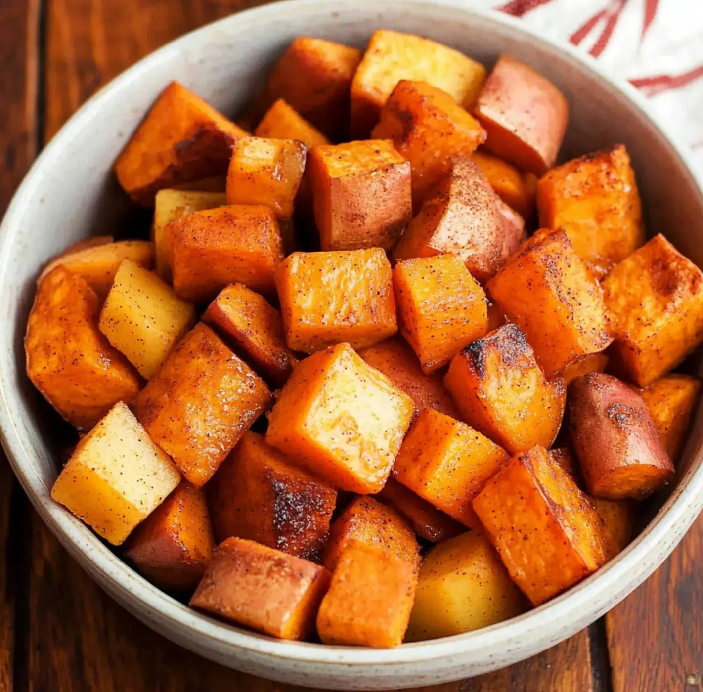 Crisp golden roasted sweet potato chunks in a bowl.