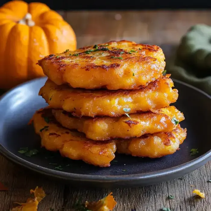 Pile of crispy pumpkin fritters with herbs on a dark plate next to a small squash.