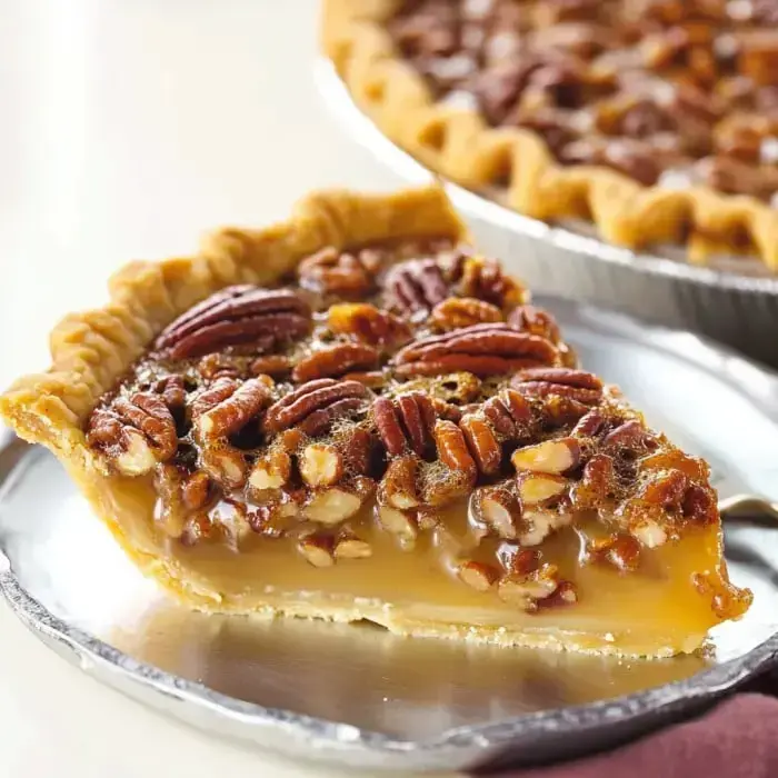 A single slice of rich pecan pie with golden filling and topped with pecans, served on a silver plate with a whole pie behind it.
