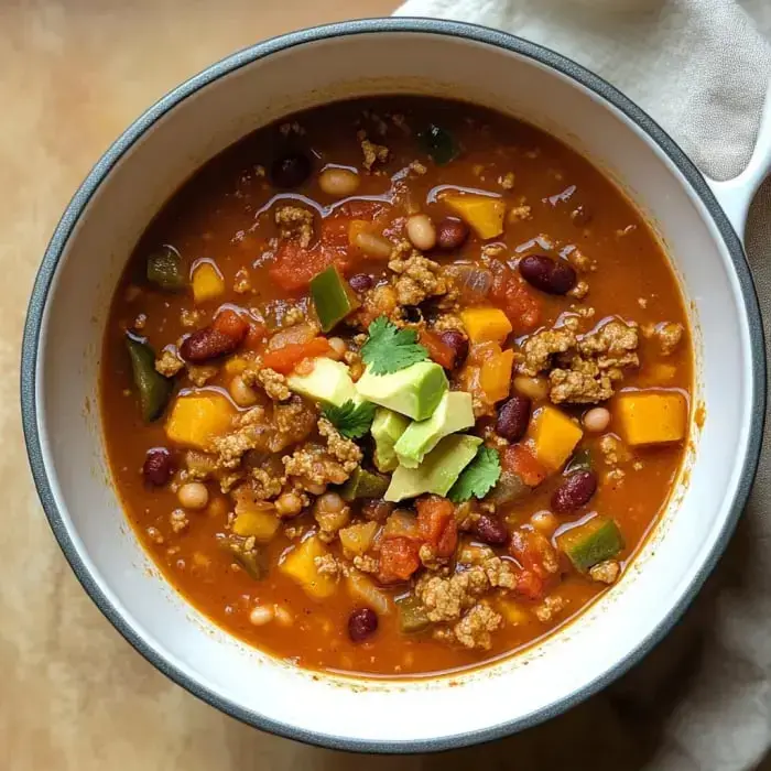 A cozy bowl of chili with beans, pumpkin, ground beef, veggies, and fresh toppings like avocado and herbs.