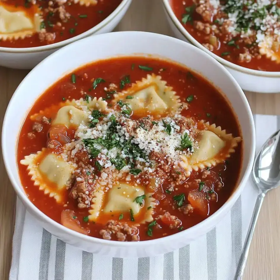 A hearty bowl of ravioli soup topped with fresh parsley and Parmesan cheese.