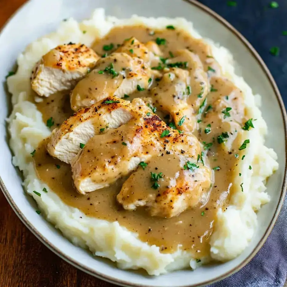 A plate of chicken breast slices covered in creamy gravy, served with mashed potatoes and sprinkled with fresh parsley.