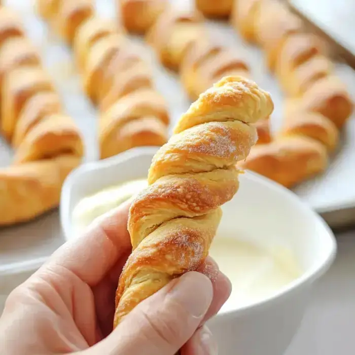 Twisted pastry held above a creamy dip bowl, with more pastries in the background.