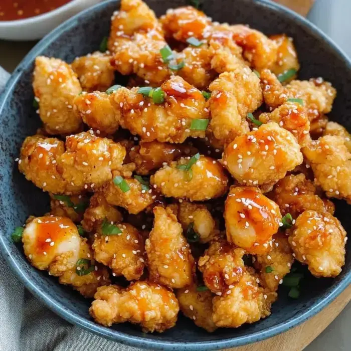 Orange-glazed crispy chicken in a bowl, topped with green onions and sesame seeds.