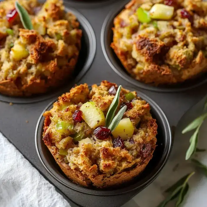 Close-up of golden baked stuffing cups in a gray tin with herbs, apples, and cranberries.