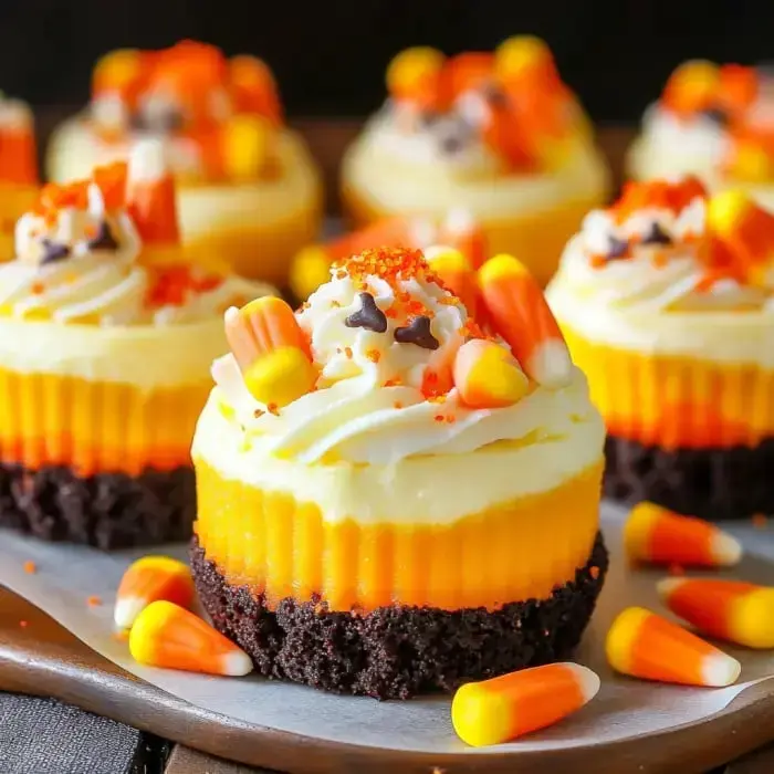 Bright mini cakes with orange, yellow, and white layers topped with candy corn, sprinkles, and sugar crystals.