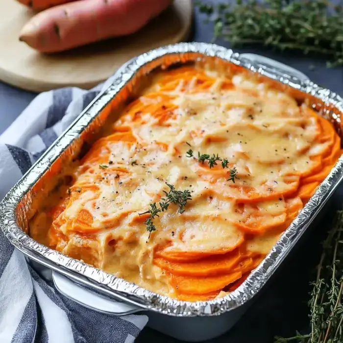 Golden baked sweet potato slices layered with creamy sauce and thyme.