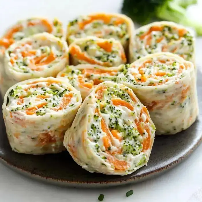 Bright, rolled tortillas with fillings of cheddar, carrots, and broccoli on a plate.