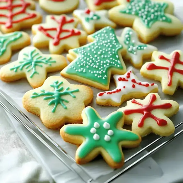 An assortment of fun and colorful Christmas cookies shaped like trees, stars, and snowflakes on a festive tray.