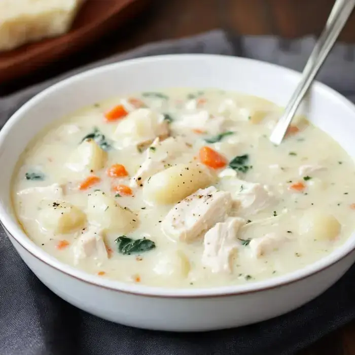 Creamy chicken soup with gnocchi and vegetables, sprinkled with black pepper.